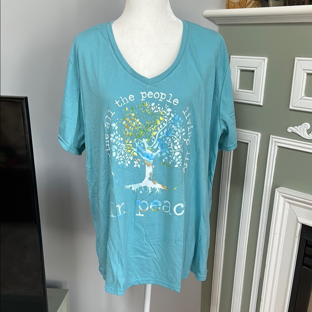 Blue Graphic V-Neck Tee with Peace Design
